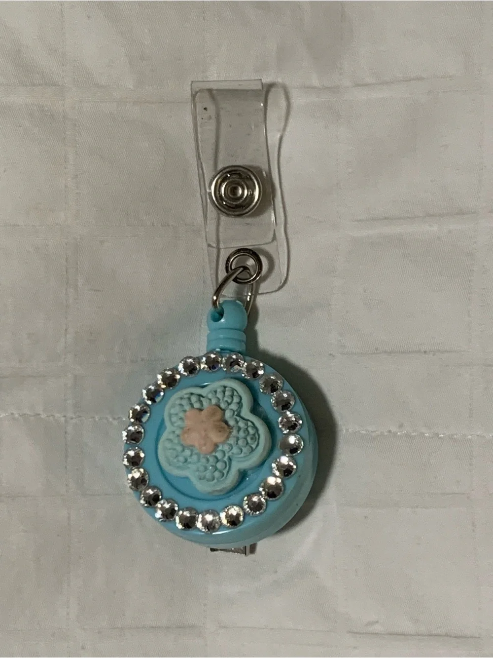 Blue Floral Badge Reel with Rhinestones